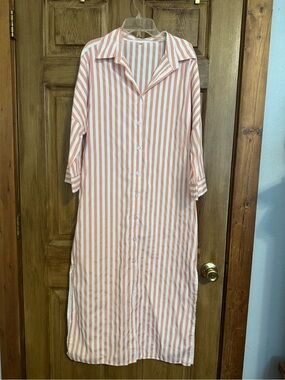 Striped Button-Down Maxi Shirt Dress in White and Pink